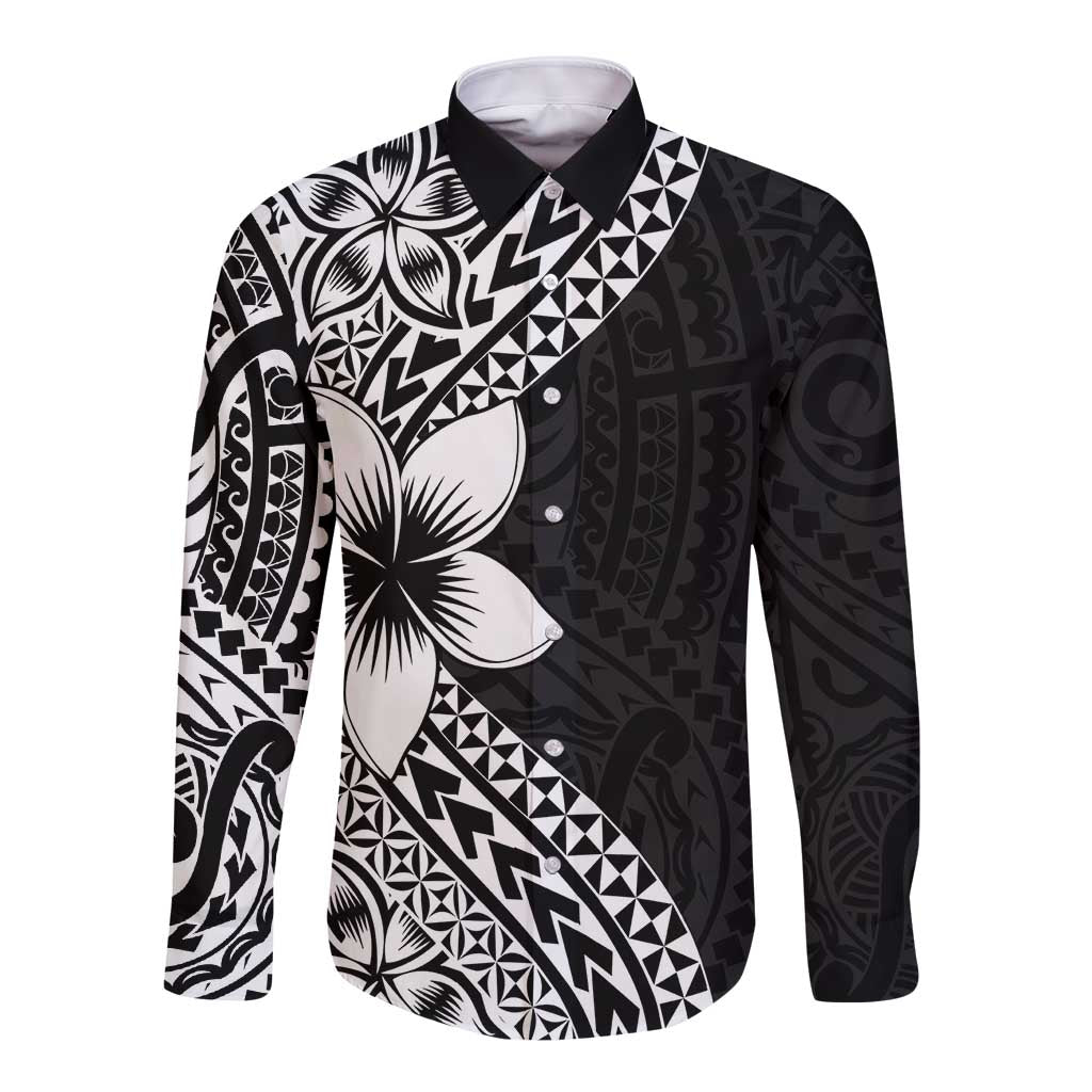 Lotu Tamaiti White Sunday Long Sleeve Button Shirt Pacific Plumeria Flowers - Black Version LT9 Unisex Black - Polynesian Pride