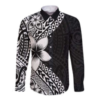 Lotu Tamaiti White Sunday Long Sleeve Button Shirt Pacific Plumeria Flowers - Black Version