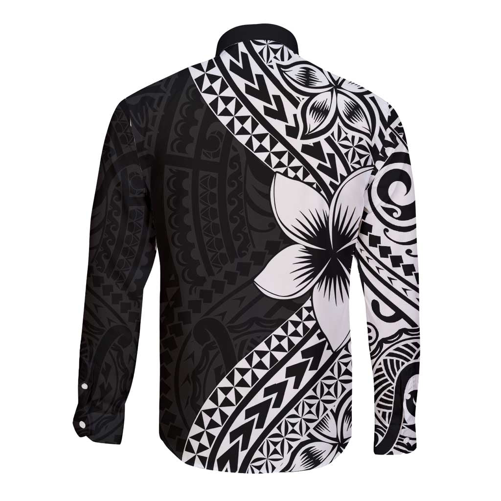 Lotu Tamaiti White Sunday Long Sleeve Button Shirt Pacific Plumeria Flowers - Black Version