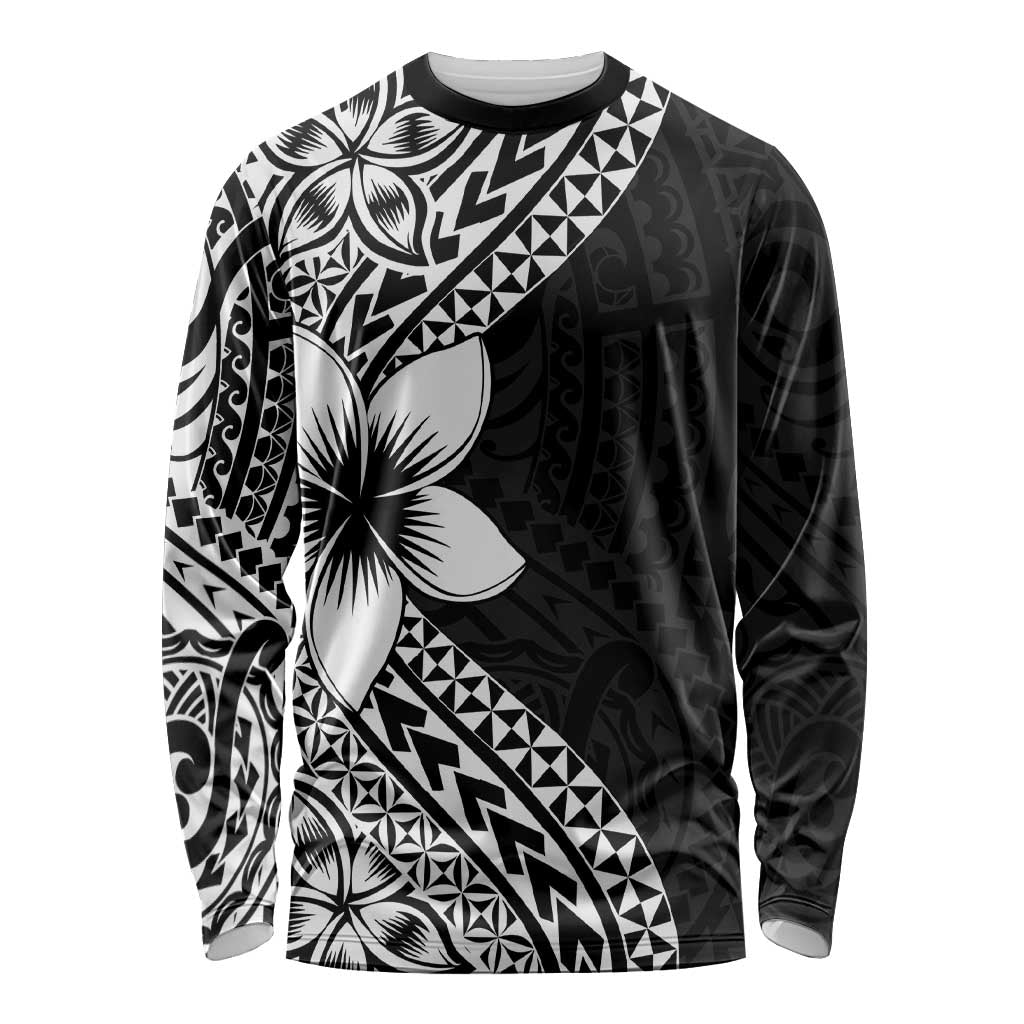 Lotu Tamaiti White Sunday Long Sleeve Shirt Pacific Plumeria Flowers - Black Version LT9 Unisex Black - Polynesian Pride