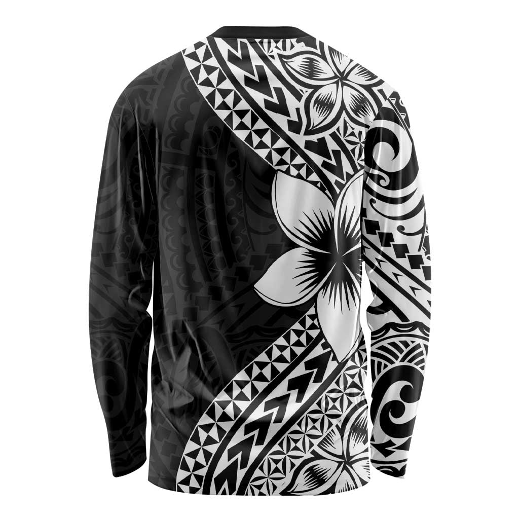 Lotu Tamaiti White Sunday Long Sleeve Shirt Pacific Plumeria Flowers - Black Version