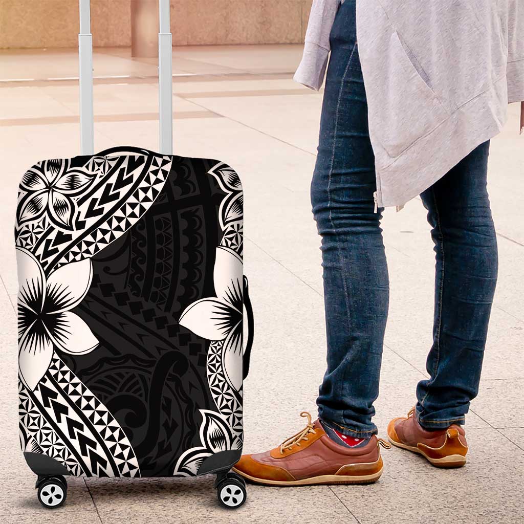 Lotu Tamaiti White Sunday Luggage Cover Pacific Plumeria Flowers - Black Version
