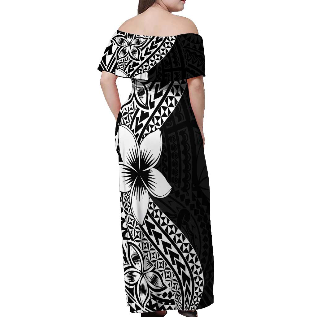 Lotu Tamaiti White Sunday Off Shoulder Maxi Dress Pacific Plumeria Flowers - Black Version