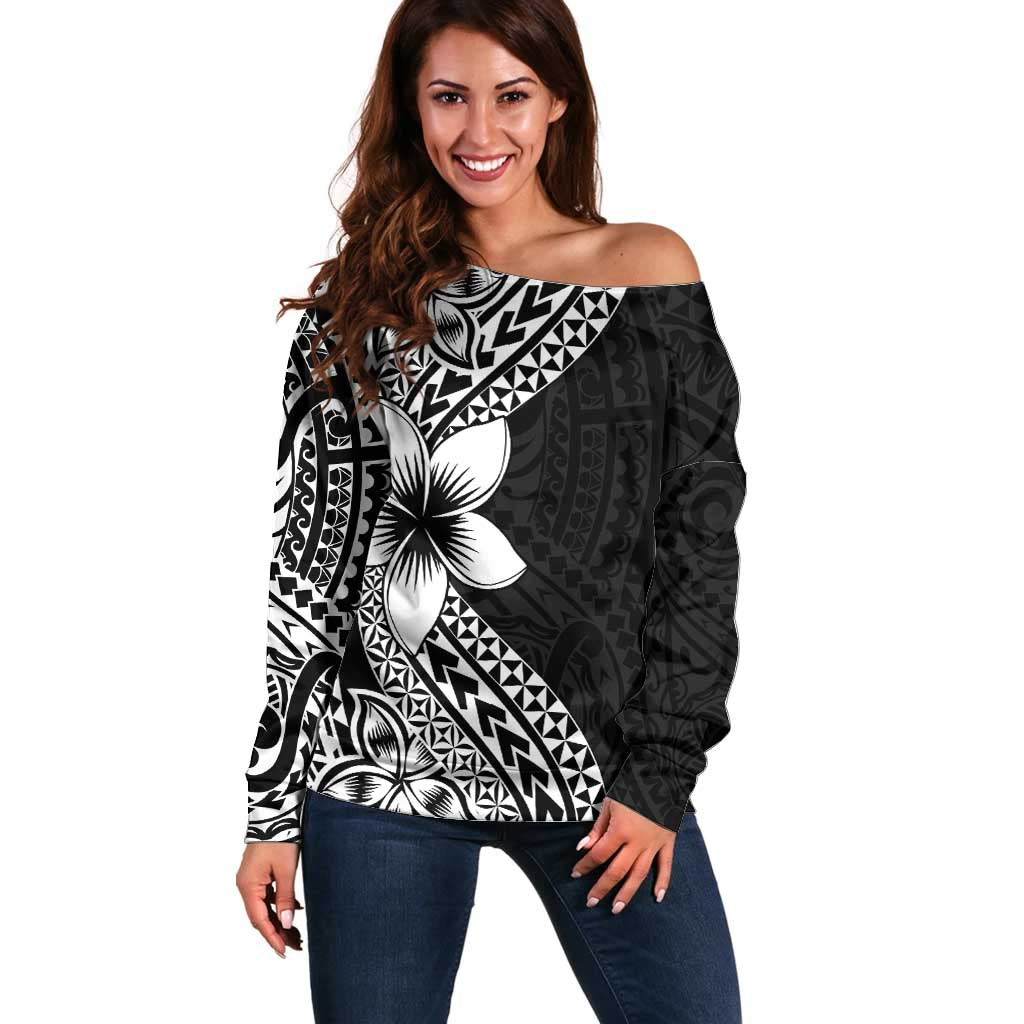 Lotu Tamaiti White Sunday Off Shoulder Sweater Pacific Plumeria Flowers - Black Version LT9 Women Black - Polynesian Pride