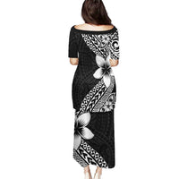 Lotu Tamaiti White Sunday Puletasi Pacific Plumeria Flowers - Black Version