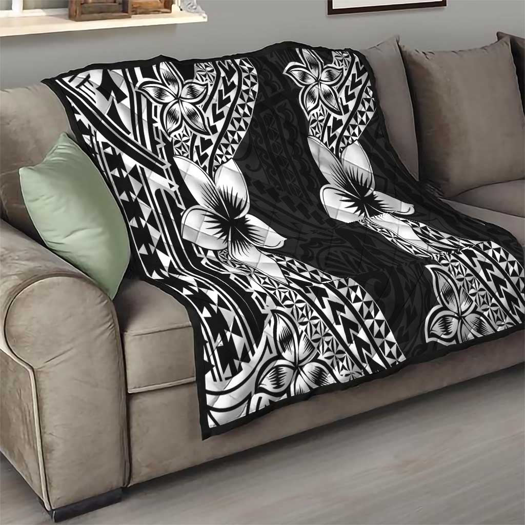 Lotu Tamaiti White Sunday Quilt Pacific Plumeria Flowers - Black Version