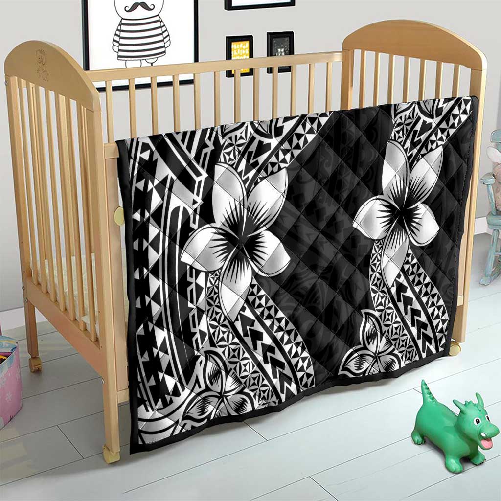 Lotu Tamaiti White Sunday Quilt Pacific Plumeria Flowers - Black Version