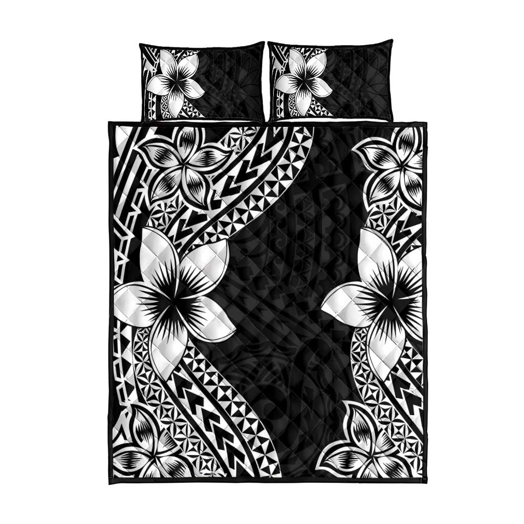 Lotu Tamaiti White Sunday Quilt Bed Set Pacific Plumeria Flowers - Black Version