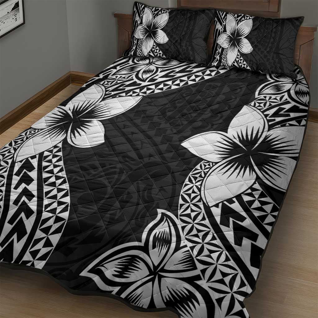Lotu Tamaiti White Sunday Quilt Bed Set Pacific Plumeria Flowers - Black Version