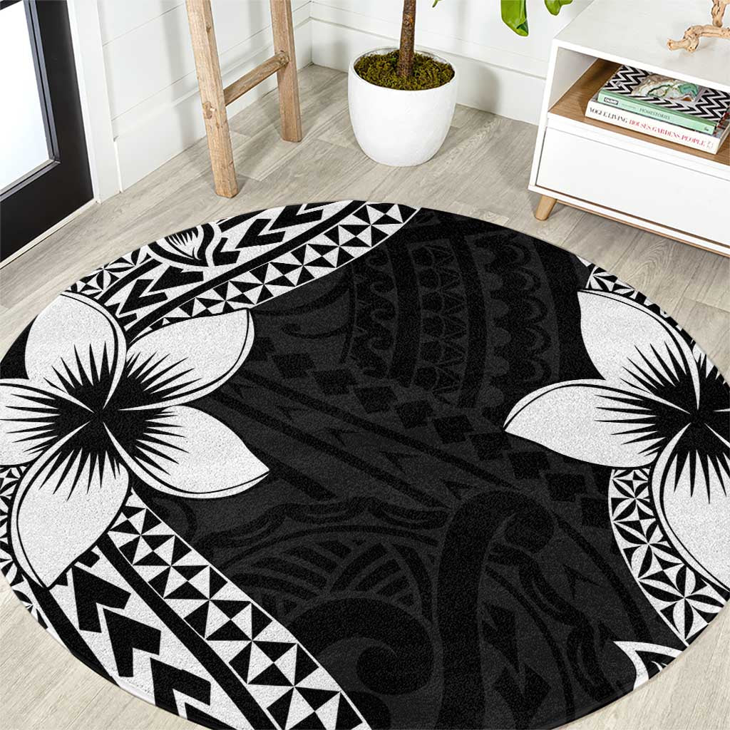 Lotu Tamaiti White Sunday Round Carpet Pacific Plumeria Flowers - Black Version LT9 Black - Polynesian Pride