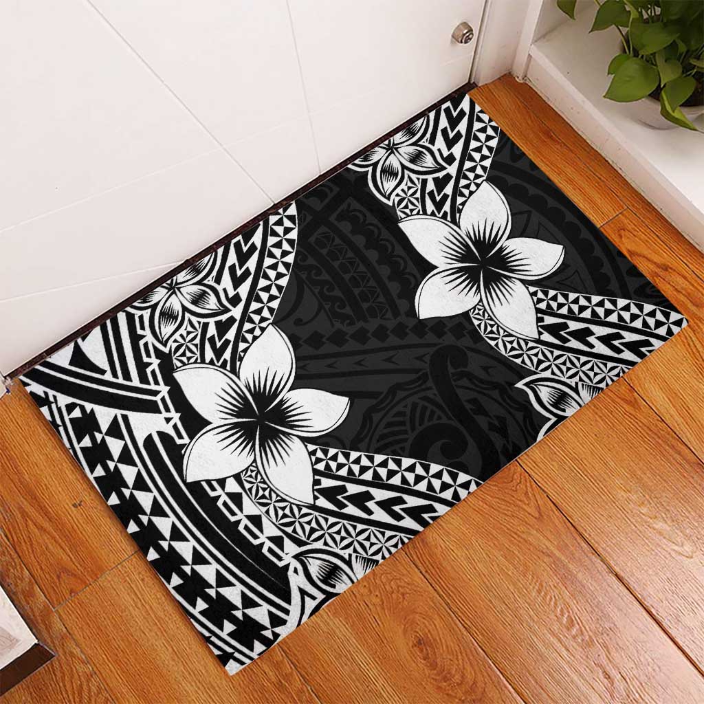 Lotu Tamaiti White Sunday Rubber Doormat Pacific Plumeria Flowers - Black Version