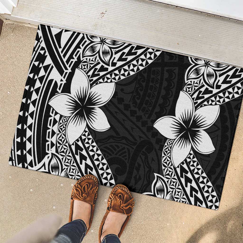 Lotu Tamaiti White Sunday Rubber Doormat Pacific Plumeria Flowers - Black Version