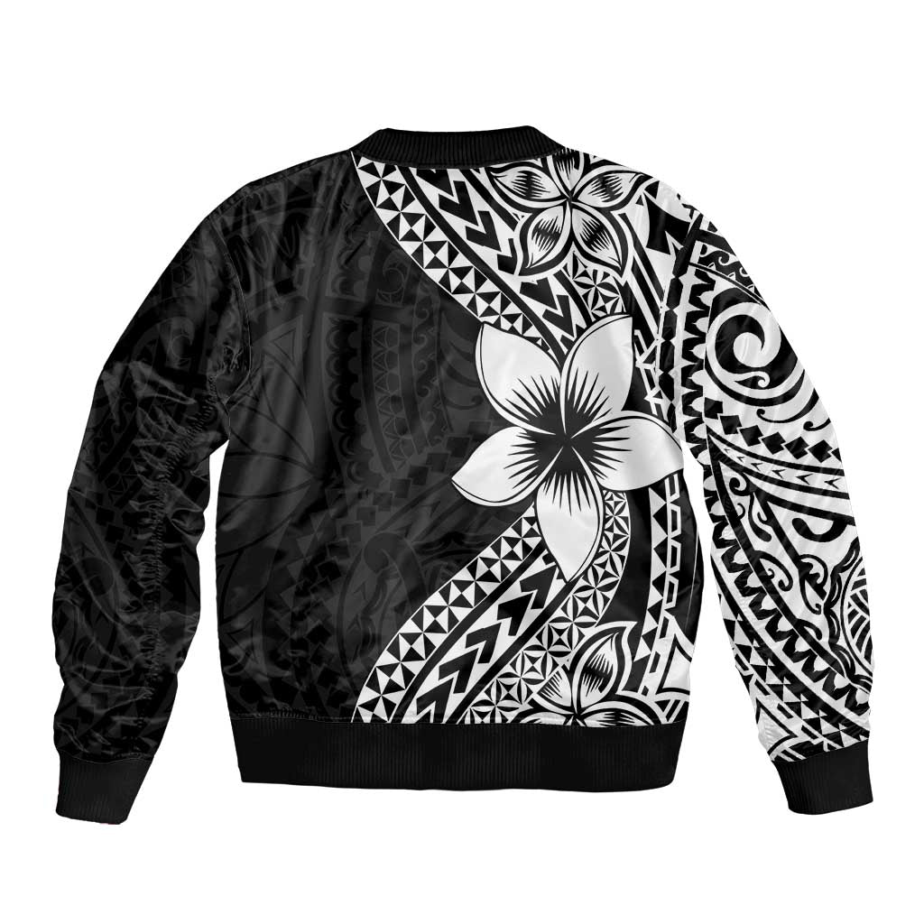 Lotu Tamaiti White Sunday Sleeve Zip Bomber Jacket Pacific Plumeria Flowers - Black Version