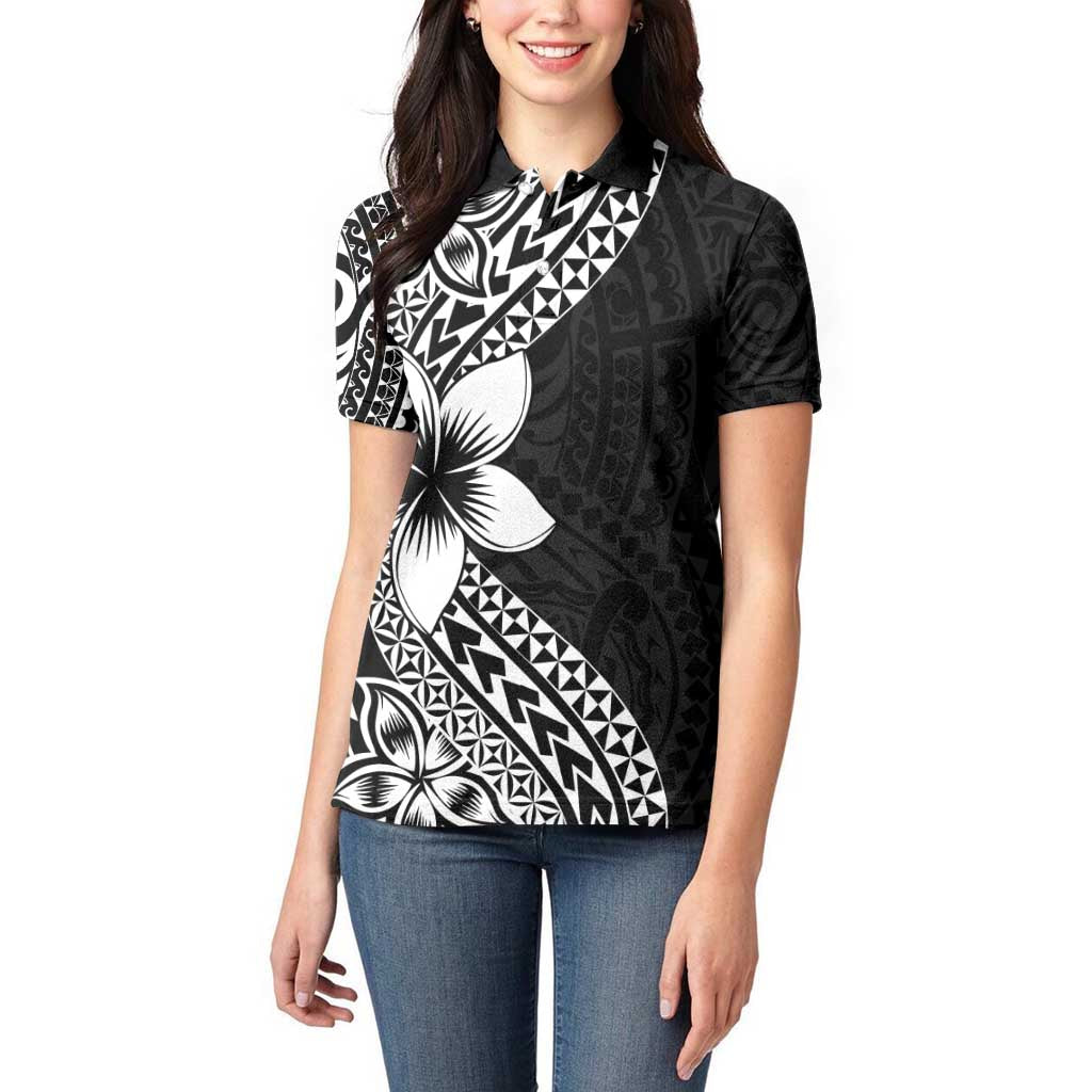 Lotu Tamaiti White Sunday Women Polo Shirt Pacific Plumeria Flowers - Black Version