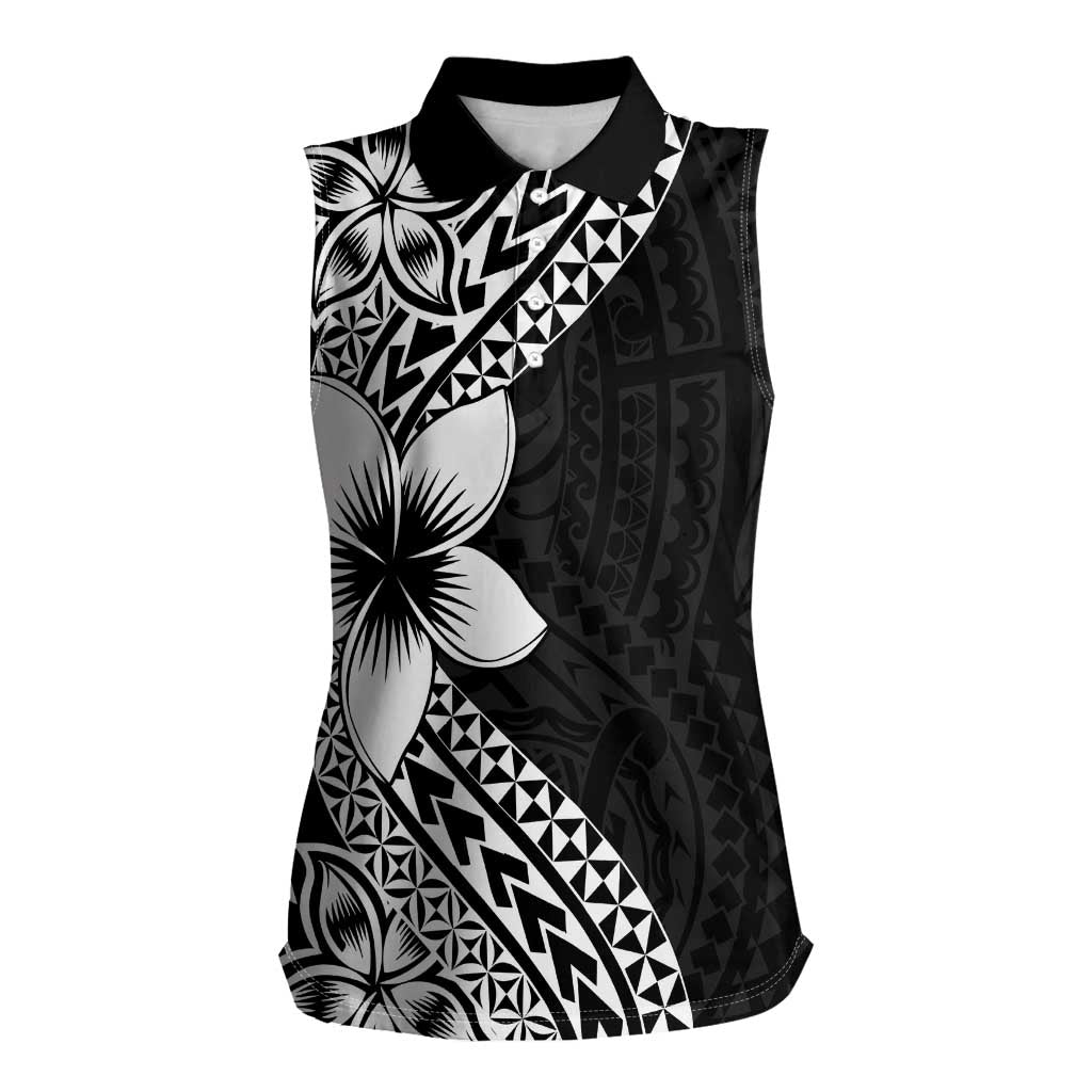 Lotu Tamaiti White Sunday Women Sleeveless Polo Shirt Pacific Plumeria Flowers - Black Version