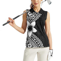 Lotu Tamaiti White Sunday Women Sleeveless Polo Shirt Pacific Plumeria Flowers - Black Version