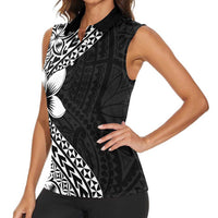 Lotu Tamaiti White Sunday Women Sleeveless Polo Shirt Pacific Plumeria Flowers - Black Version