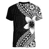 Lotu Tamaiti White Sunday Women V-Neck T-Shirt Pacific Plumeria Flowers - Black Version