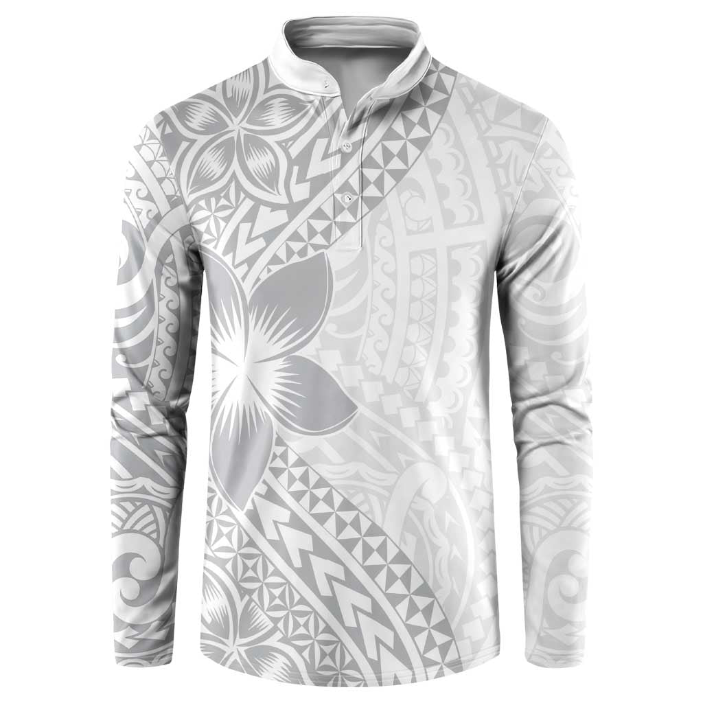 Lotu Tamaiti White Sunday Button Sweatshirt Pacific Plumeria Flowers - White Version