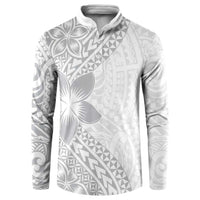 Lotu Tamaiti White Sunday Button Sweatshirt Pacific Plumeria Flowers - White Version