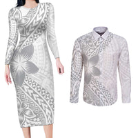 Lotu Tamaiti White Sunday Couples Matching Long Sleeve Bodycon Dress and Long Sleeve Button Shirt Pacific Plumeria Flowers - White Version