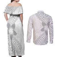 Lotu Tamaiti White Sunday Couples Matching Off Shoulder Maxi Dress and Long Sleeve Button Shirt Pacific Plumeria Flowers - White Version