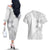 Lotu Tamaiti White Sunday Couples Matching Off The Shoulder Long Sleeve Dress and Hawaiian Shirt Pacific Plumeria Flowers - White Version