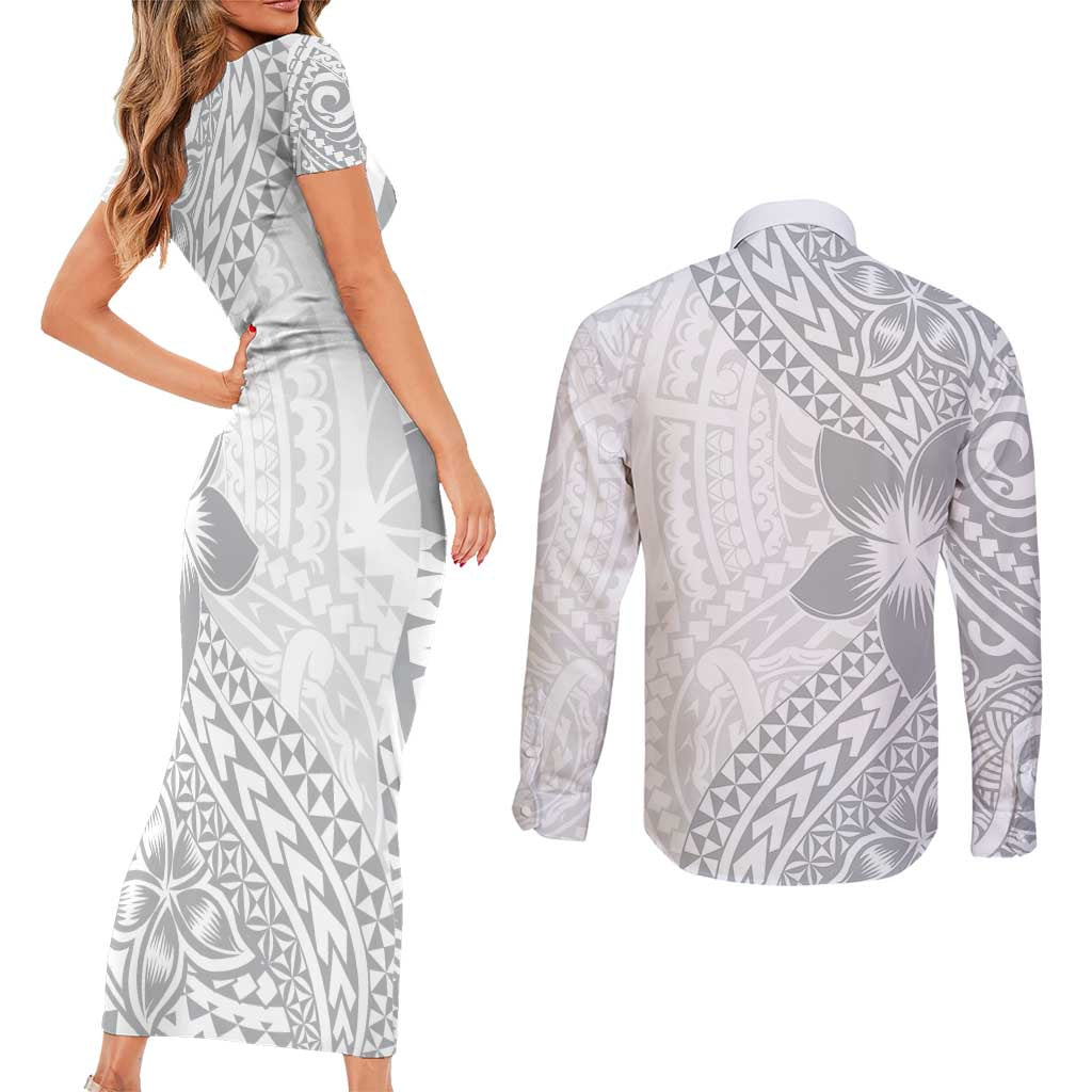Lotu Tamaiti White Sunday Couples Matching Short Sleeve Bodycon Dress and Long Sleeve Button Shirt Pacific Plumeria Flowers - White Version