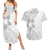 Lotu Tamaiti White Sunday Couples Matching Summer Maxi Dress and Hawaiian Shirt Pacific Plumeria Flowers - White Version