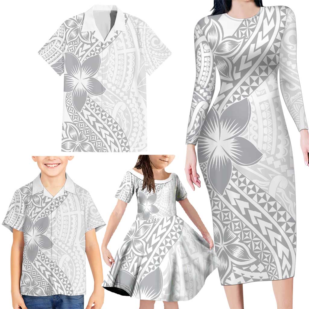Lotu Tamaiti White Sunday Family Matching Long Sleeve Bodycon Dress and Hawaiian Shirt Pacific Plumeria Flowers - White Version LT9 - Polynesian Pride