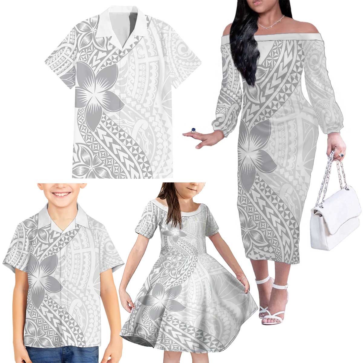 Lotu Tamaiti White Sunday Family Matching Off The Shoulder Long Sleeve Dress and Hawaiian Shirt Pacific Plumeria Flowers - White Version LT9 - Polynesian Pride