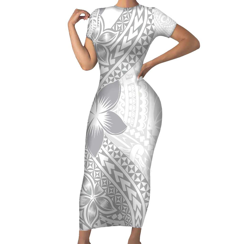 Lotu Tamaiti White Sunday Family Matching Short Sleeve Bodycon Dress and Hawaiian Shirt Pacific Plumeria Flowers - White Version