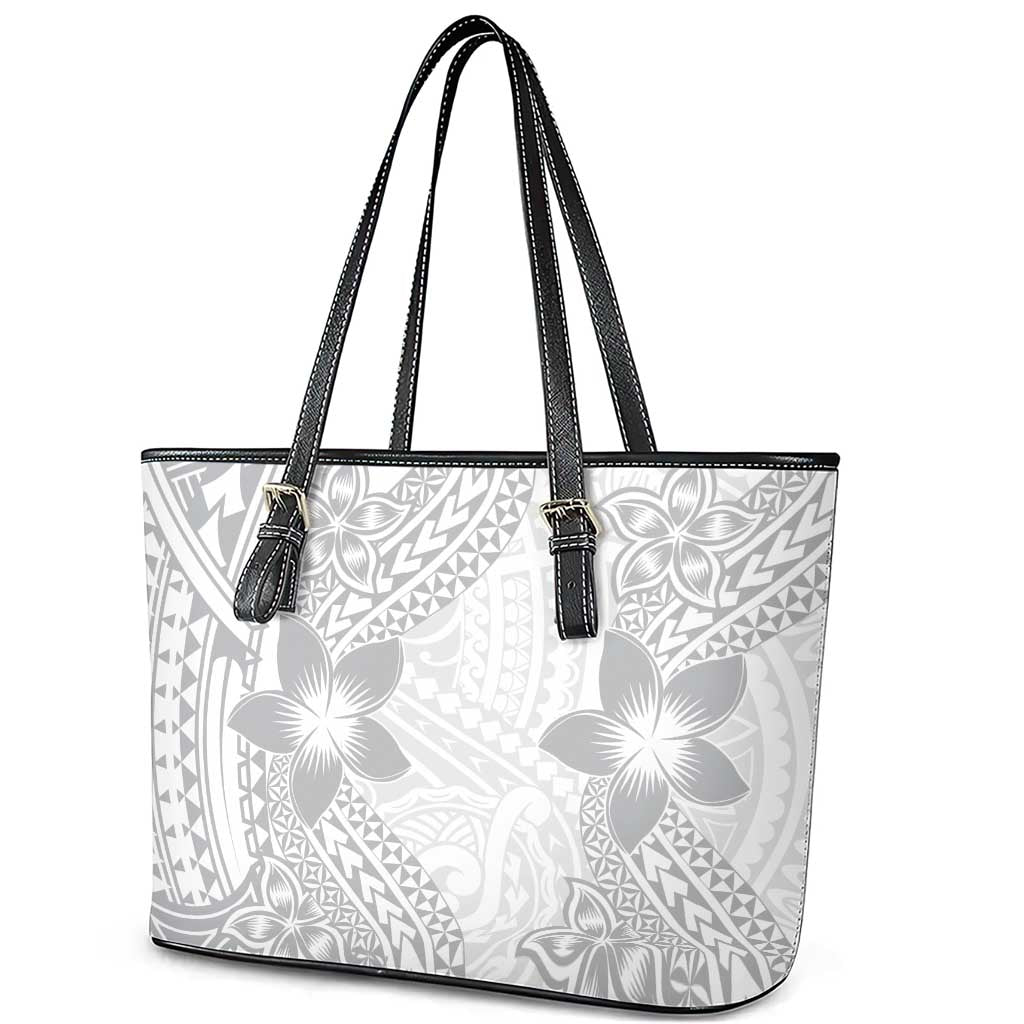 Lotu Tamaiti White Sunday Leather Tote Bag Pacific Plumeria Flowers - White Version