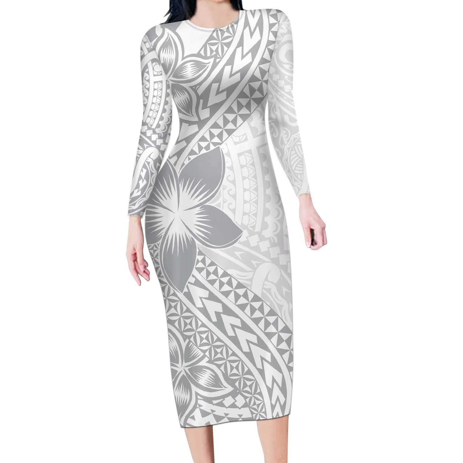 Lotu Tamaiti White Sunday Long Sleeve Bodycon Dress Pacific Plumeria Flowers - White Version LT9 Long Dress White - Polynesian Pride