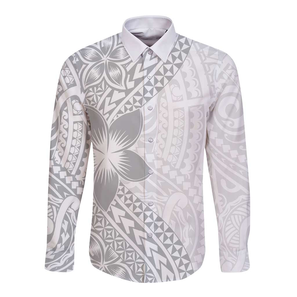 Lotu Tamaiti White Sunday Long Sleeve Button Shirt Pacific Plumeria Flowers - White Version