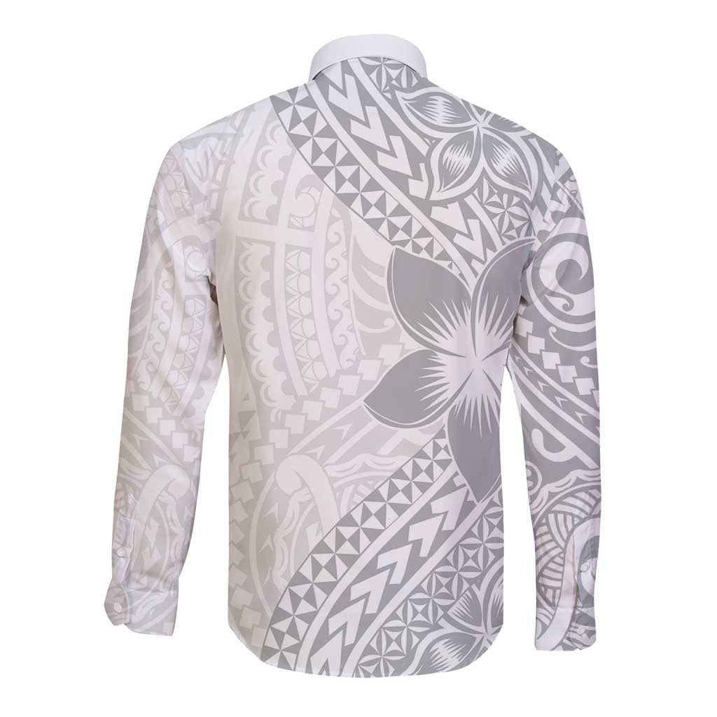 Lotu Tamaiti White Sunday Long Sleeve Button Shirt Pacific Plumeria Flowers - White Version