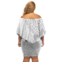 Lotu Tamaiti White Sunday Off Shoulder Short Dress Pacific Plumeria Flowers - White Version