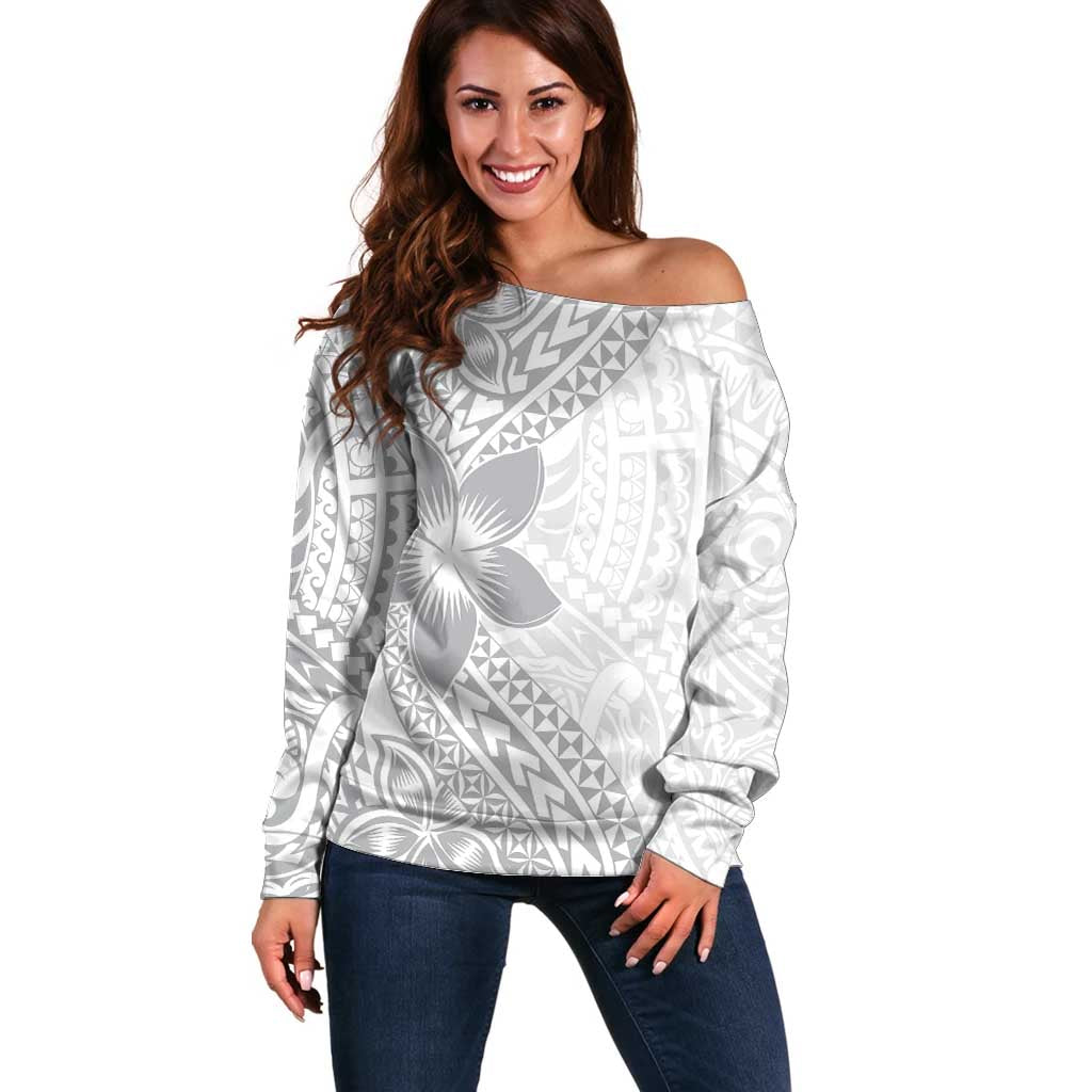 Lotu Tamaiti White Sunday Off Shoulder Sweater Pacific Plumeria Flowers - White Version LT9 Women White - Polynesian Pride
