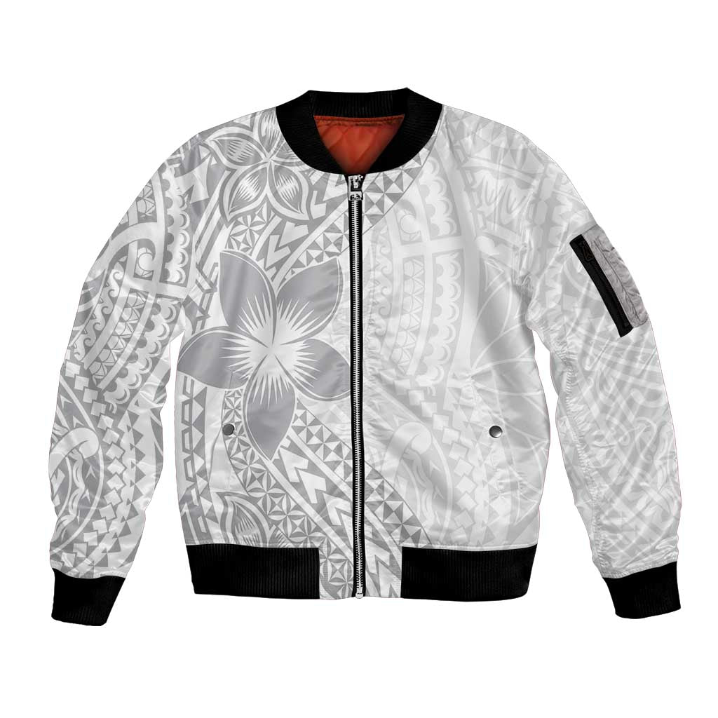 Lotu Tamaiti White Sunday Sleeve Zip Bomber Jacket Pacific Plumeria Flowers - White Version LT9 Unisex White - Polynesian Pride