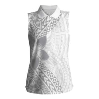 Lotu Tamaiti White Sunday Women Sleeveless Polo Shirt Pacific Plumeria Flowers - White Version