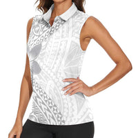 Lotu Tamaiti White Sunday Women Sleeveless Polo Shirt Pacific Plumeria Flowers - White Version