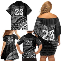 Custom Fiji New Zealand Rugby Family Matching Off Shoulder Short Dress and Hawaiian Shirt Cibi Dance with Black Fern