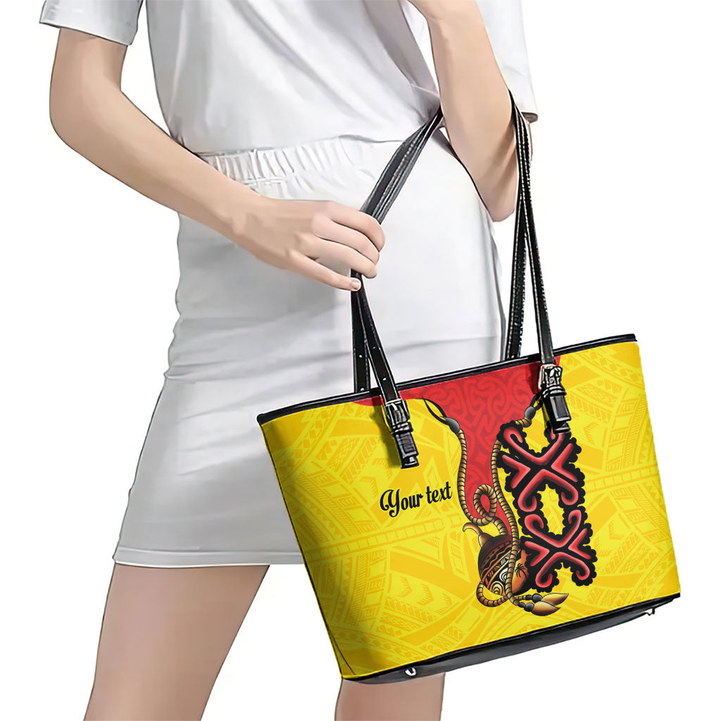 Personalised Papua New Guinea Oro Necklace Leather Tote Bag Gold Melanesia Traditional Pattern