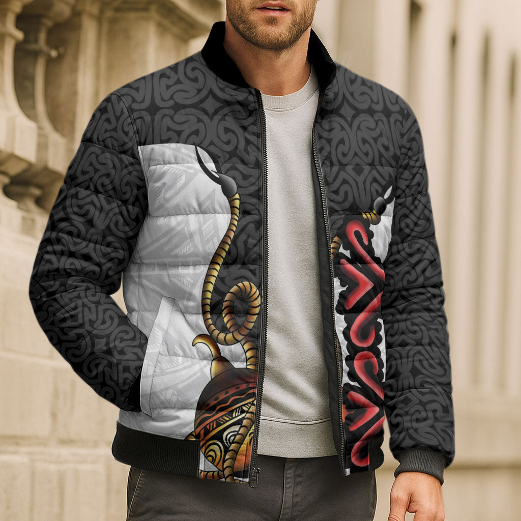 Personalised Papua New Guinea Oro Necklace Bomber Puffer Jacket Black Melanesia Traditional Pattern
