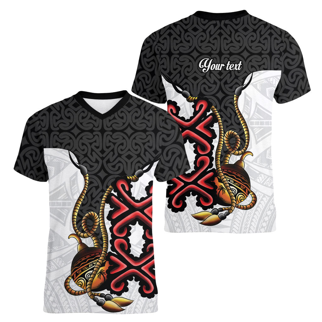 Personalised Papua New Guinea Oro Necklace Women V-Neck T-Shirt Black Melanesia Traditional Pattern