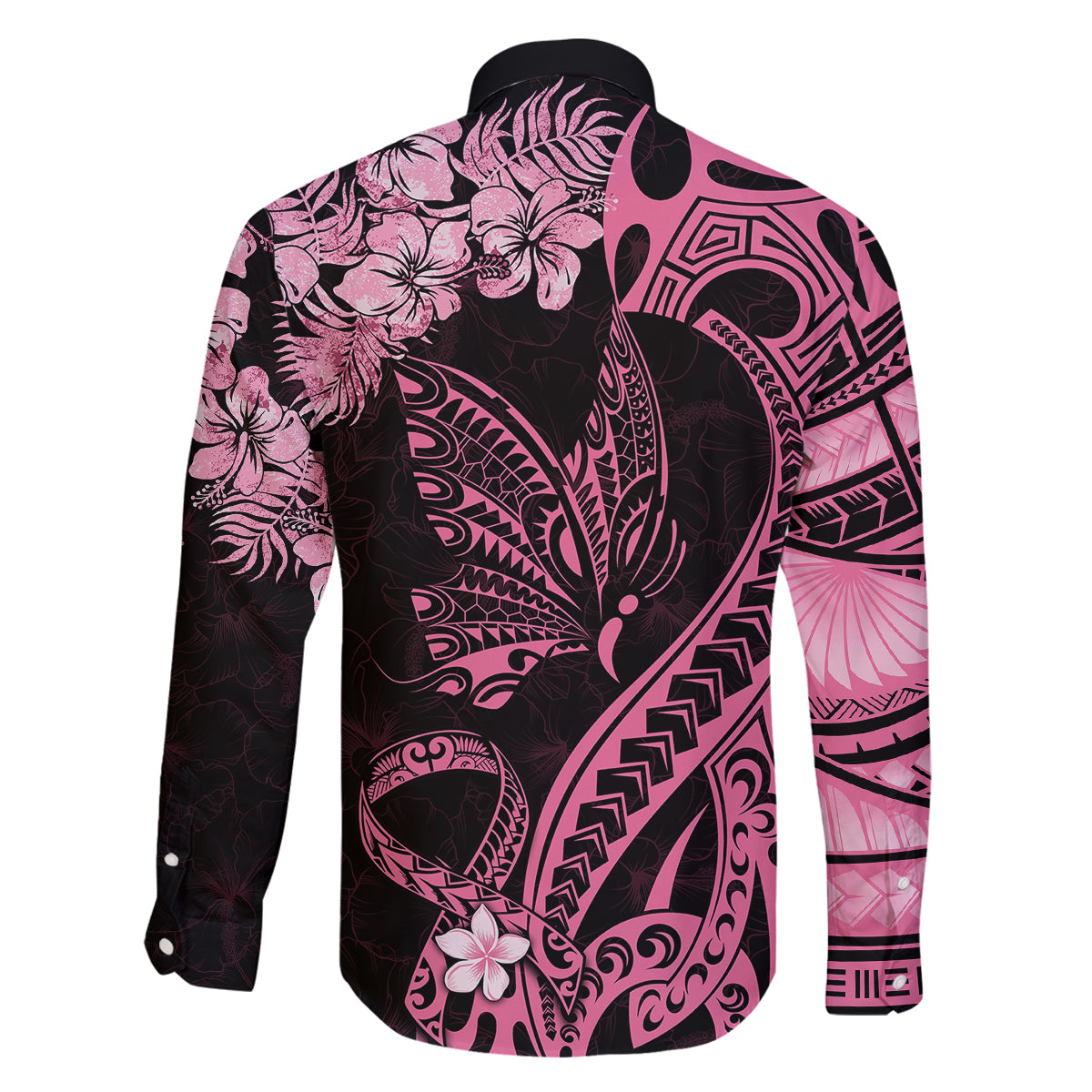 Polynesian Floral Butterfly Family Matching Long Sleeve Bodycon Dress and Hawaiian Shirt Breast Cancer Pink Ribbon LT9 - Polynesian Pride