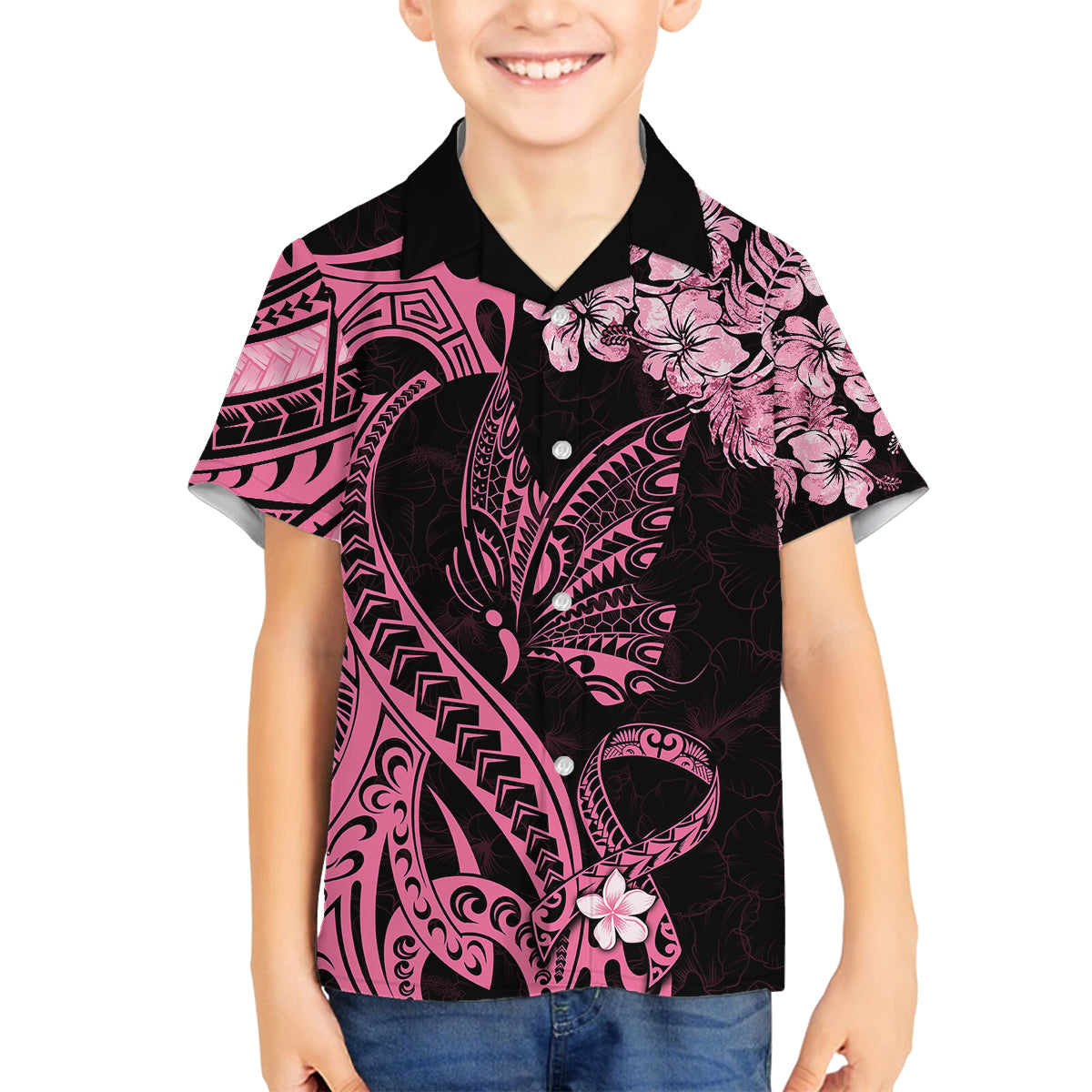 Polynesian Floral Butterfly Family Matching Long Sleeve Bodycon Dress and Hawaiian Shirt Breast Cancer Pink Ribbon LT9 Son's Shirt Pink - Polynesian Pride