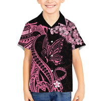 Polynesian Floral Butterfly Family Matching Off Shoulder Short Dress and Hawaiian Shirt Breast Cancer Pink Ribbon LT9 Son's Shirt Pink - Polynesian Pride