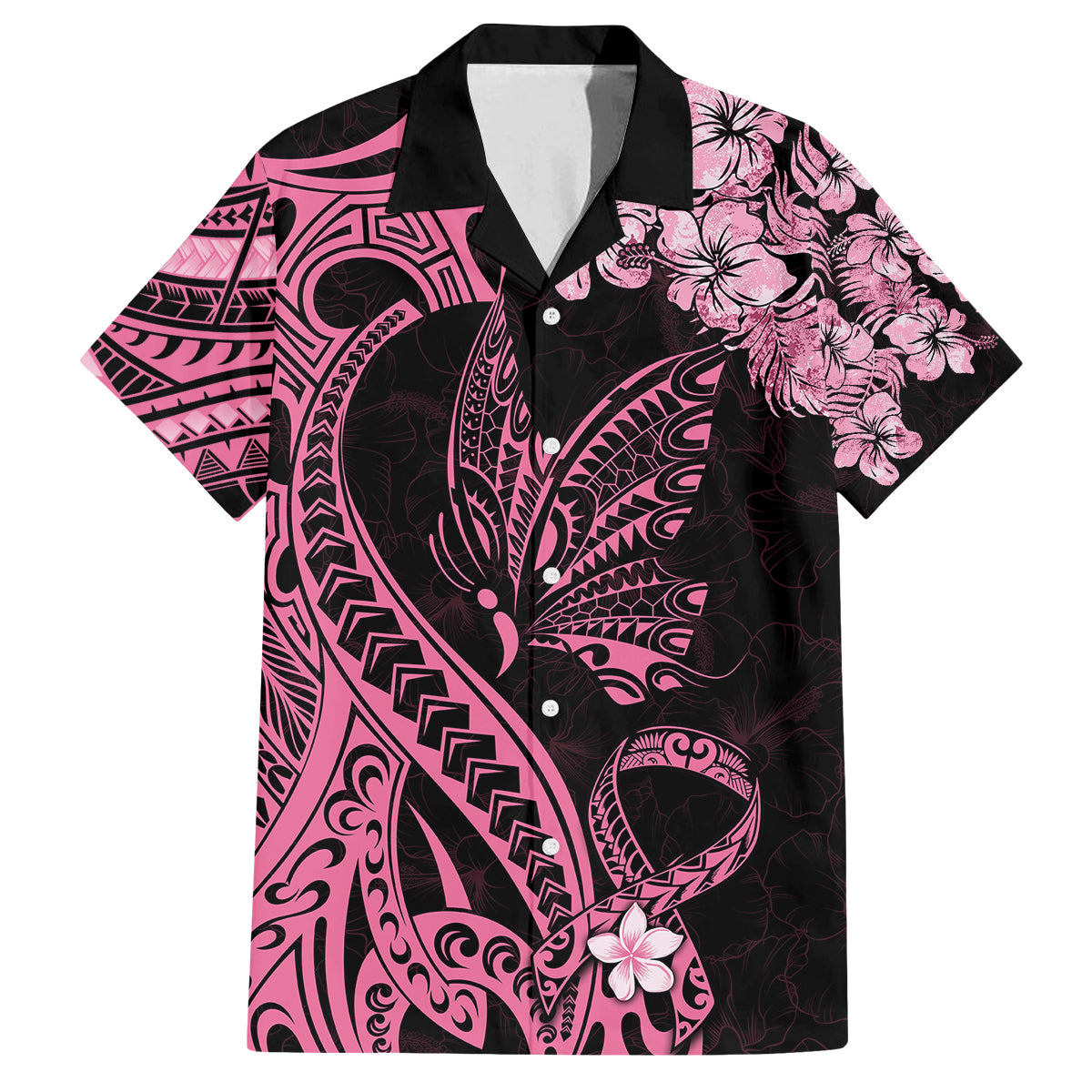 Polynesian Floral Butterfly Family Matching Short Sleeve Bodycon Dress and Hawaiian Shirt Breast Cancer Pink Ribbon LT9 Dad's Shirt - Short Sleeve Pink - Polynesian Pride