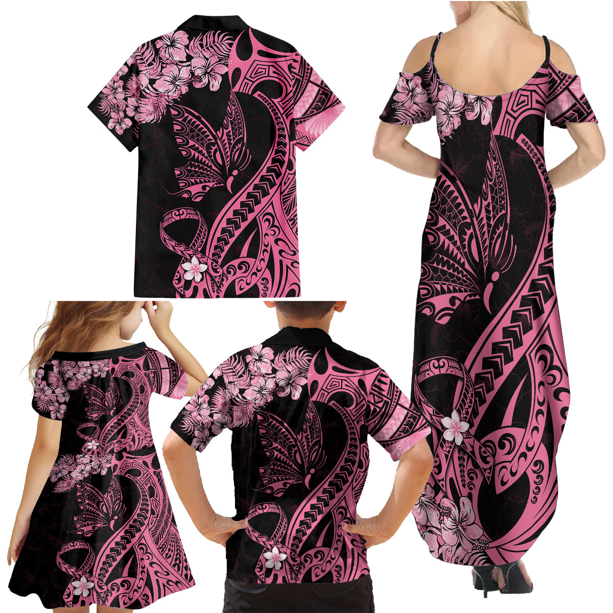 Polynesian Floral Butterfly Family Matching Summer Maxi Dress and Hawaiian Shirt Breast Cancer Pink Ribbon LT9 - Polynesian Pride